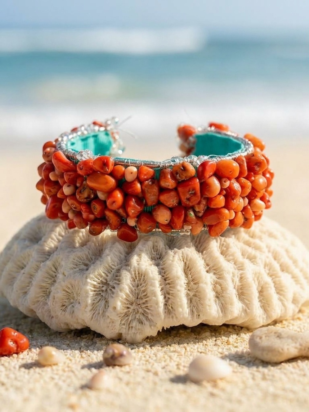 Handcrafted Orange Coral Bead Cuff Bracelet
